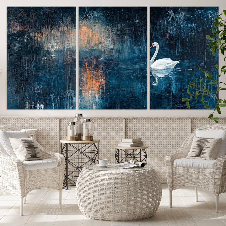 Abstract Swan Wall Art | Moody Blue and Orange Swan Painting on Canvas | Framed and Ready to Hang | Elegant and Modern Art for Living Room or Bedroom Decor