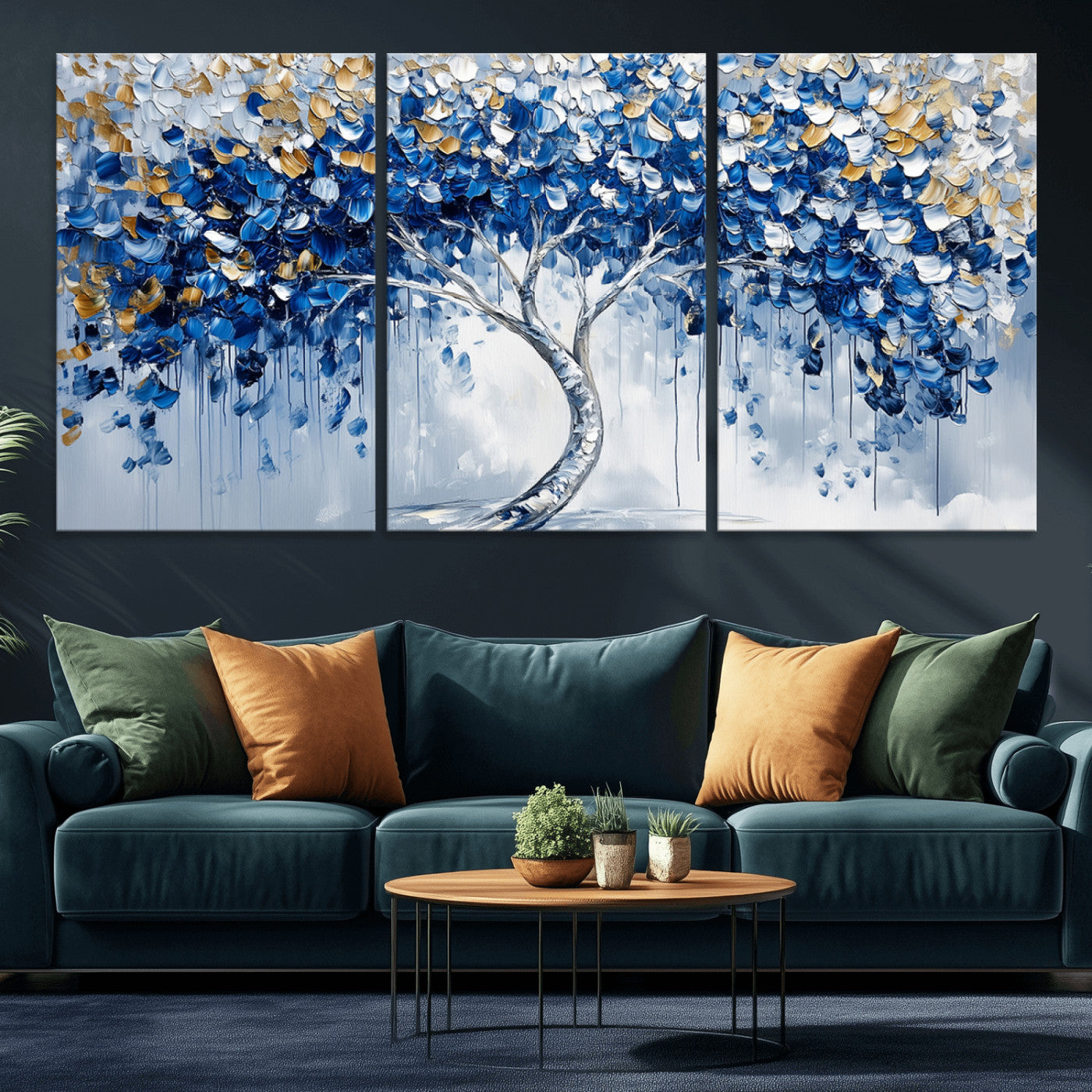 MGV-CV-60X30-3P - Blue and Gold Abstract Tree Wall Art Canvas Print | Modern Tree of Life Painting | Framed Canvas
