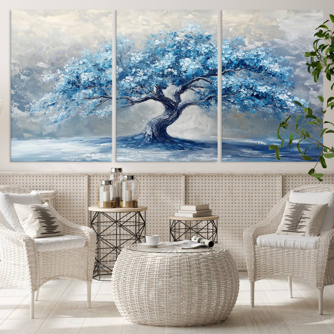 Serene Abstract Blue Tree Wall Art | Canvas Print of a Majestic Tree in Blue Hues | Perfect for Farmhouse, Coastal, and Modern Decor