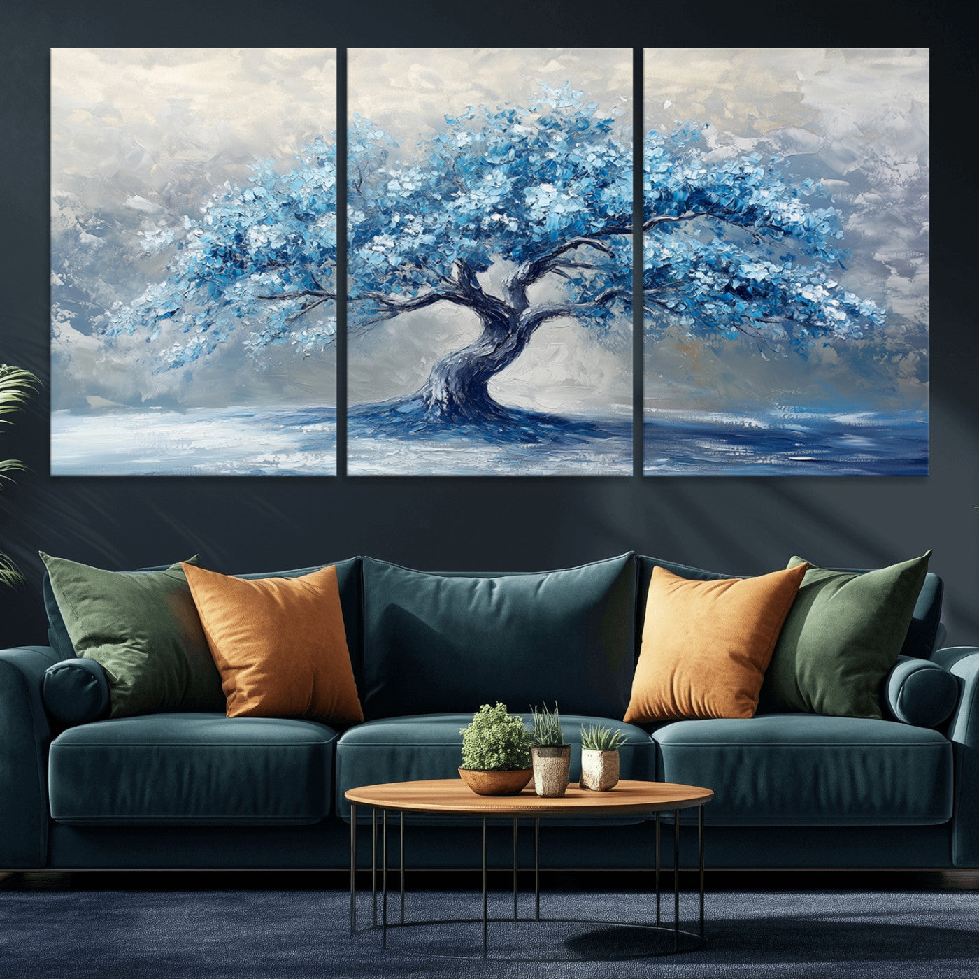 MGV-CV-60X30-3P - Abstract Blue Tree Art Canvas Print, Majestic Tree Wall Art Print for Farmhouse Decor