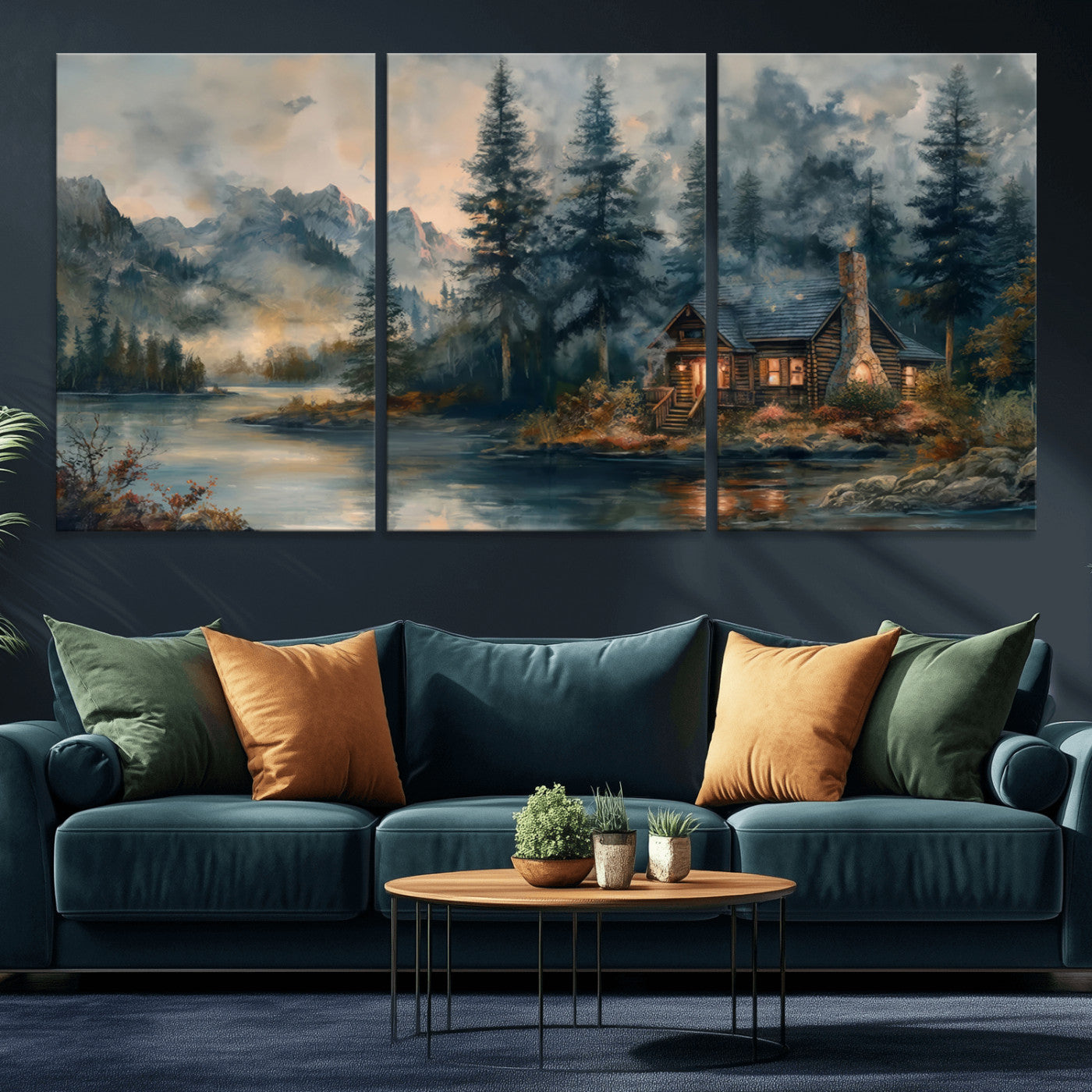 MGV-CV-60X30-3P - Rustic Cabin Woods Wall Art Print | Lake in a Forest Canvas Print | Cabin, Lodge, and Farmhouse