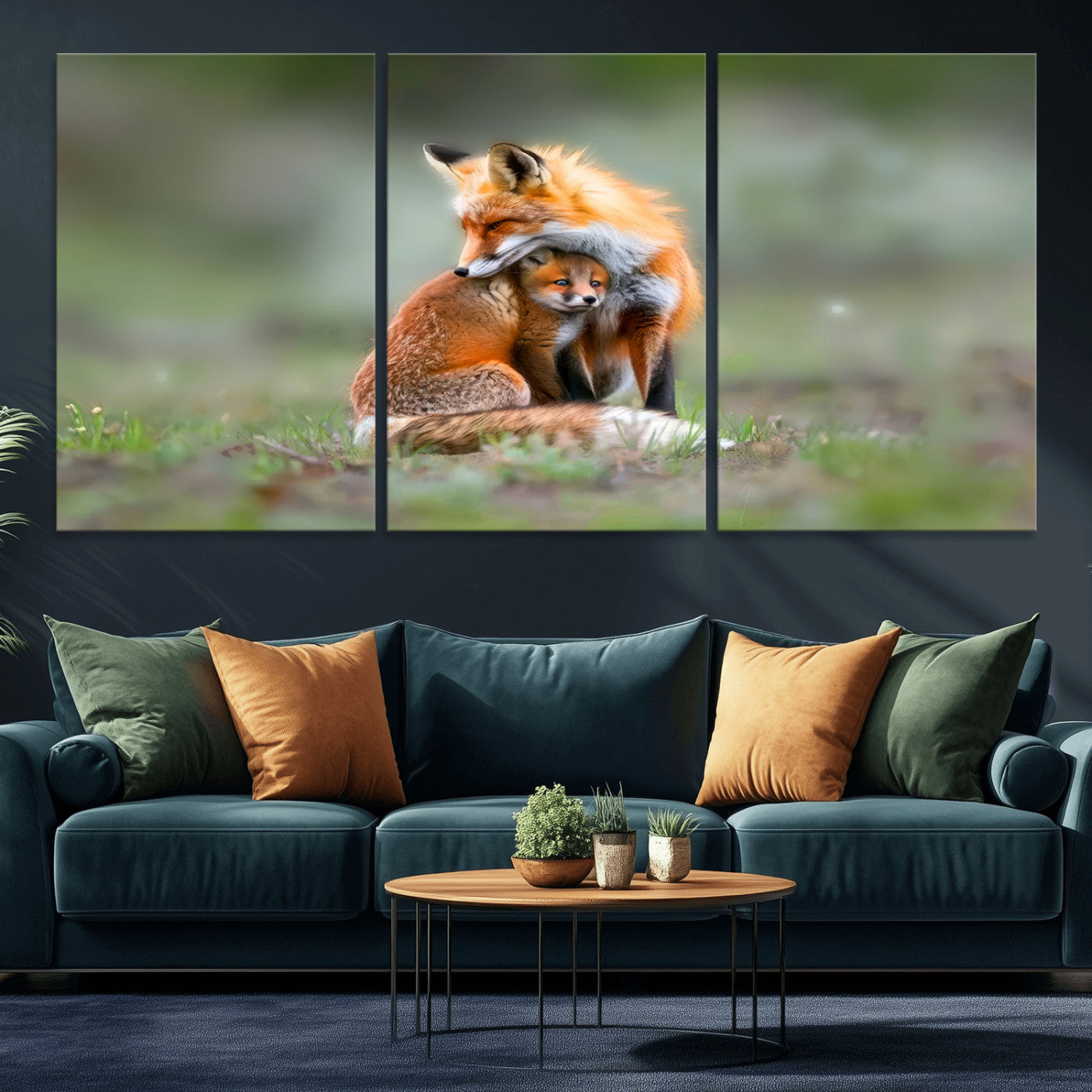 MGV-CV-60X30-3P - Heartwarming Fox and Baby Cub Wall Art | Ready to Hang Canvas Print of Foxes in Nature | Perfect for