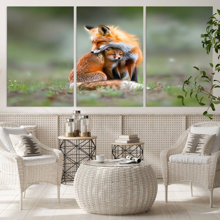 Heartwarming Fox and Baby Cub Wall Art | Ready to Hang Canvas Print of Foxes in Nature | Perfect for Animal Lovers, Rustic Decor, and Cabin Wall Art