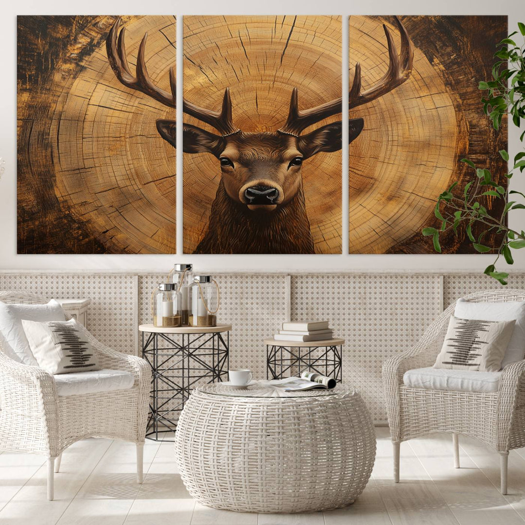 Deer Wall Art Canvas Print | Ready to Hang Canvas Print of a Stag with Rustic Tree Rings | Perfect for Farmhouse Wall Decor, Cabin Wall Art