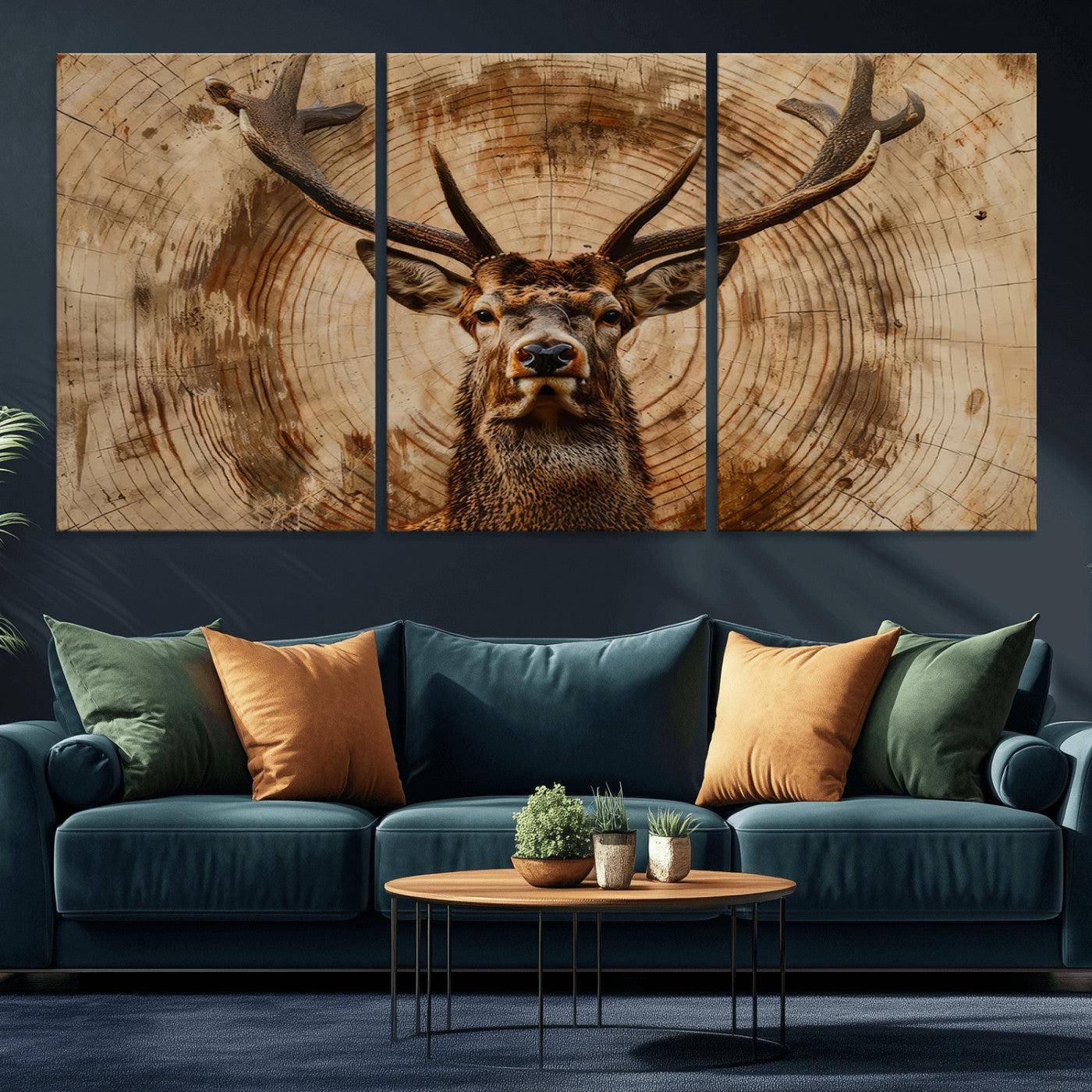 MGV-CV-60X30-3P - Wood Abstract Deer Wall Art | Rustic Wildlife Canvas Print | Ready to Hang Stag Head Triptych for