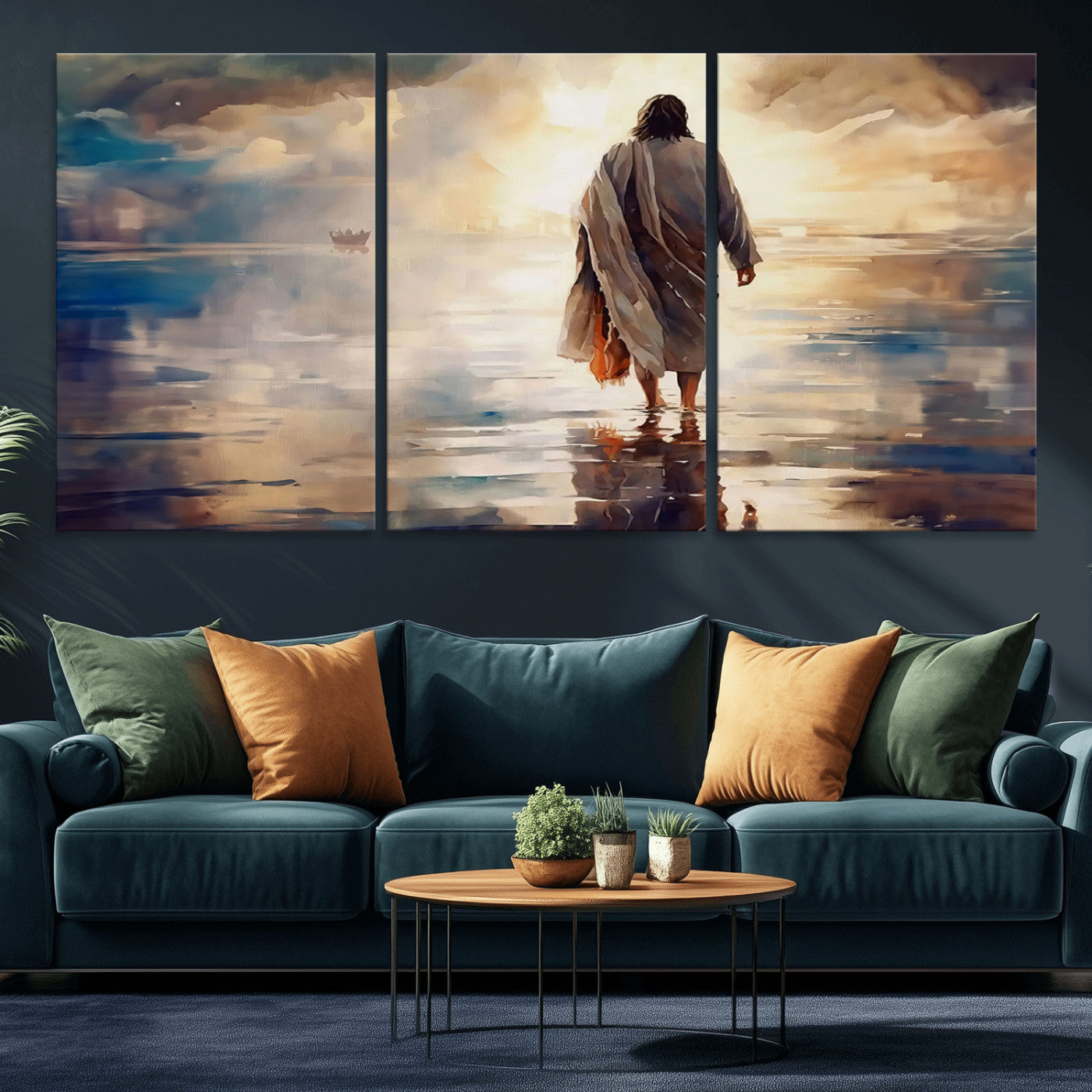 MGV-CV-60X30-3P - Jesus Walking on Water Wall Art | Ready to Hang Spiritual Triptych Canvas Print | Inspirational