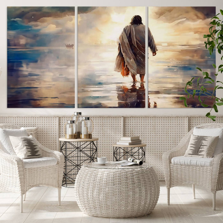 Jesus Walking on Water Wall Art | Ready to Hang Spiritual Triptych Canvas Print | Inspirational Christian Decor for Home or Church