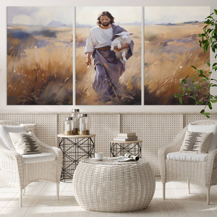 Jesus the Good Shepherd Wall Art Canvas Print - Lost Lamb  Print for Prayer Room Decor