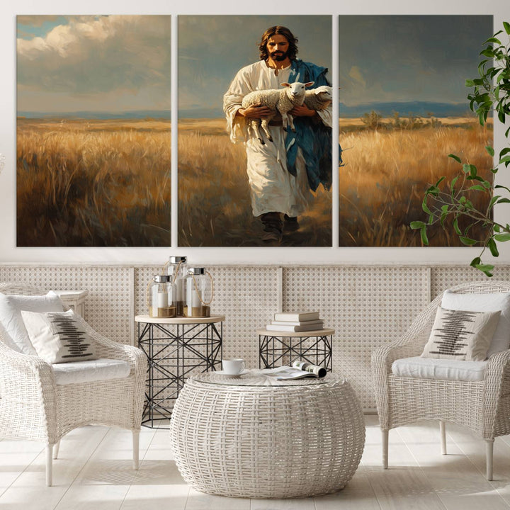 Jesus Shepherd Wall Art | Ready to Hang Triptych Canvas of Jesus Holding a Lamb in a Field | Inspirational Christian Decor for Home