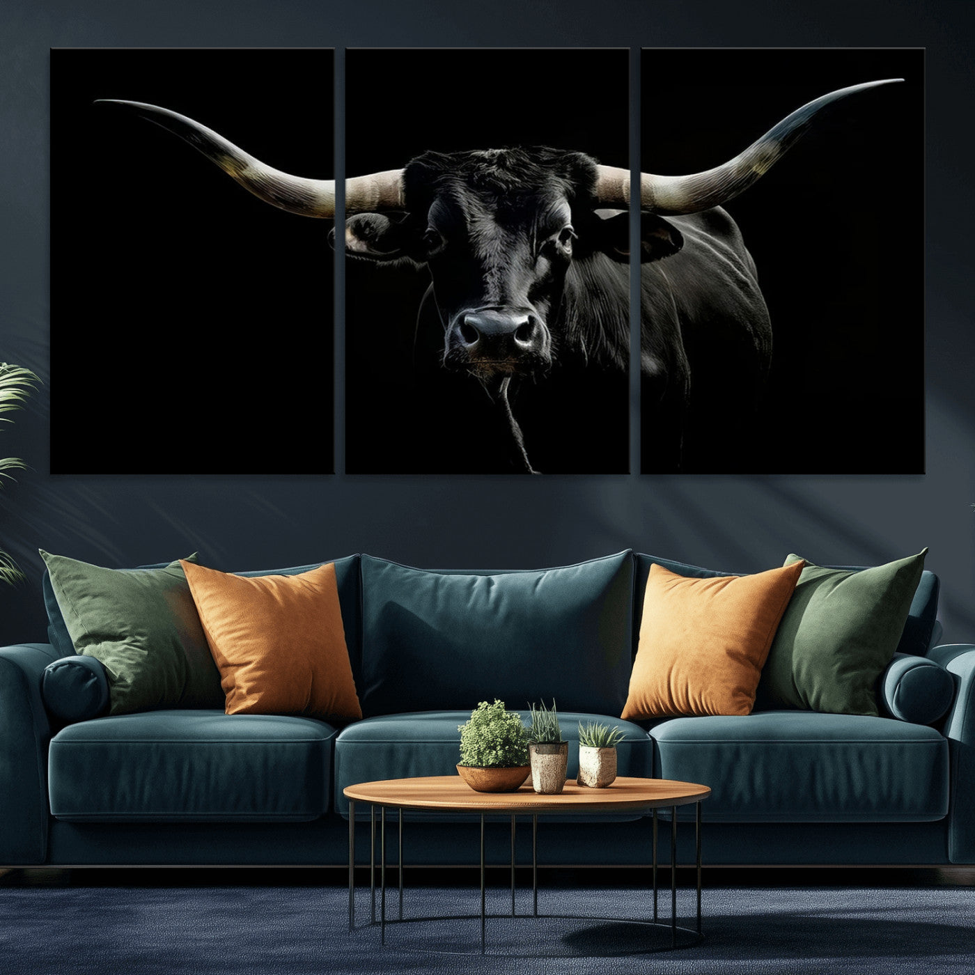 MGV-CV-60X30-3P - Texas Black Longhorn Bull Wall Art Canvas Print - Western Texas Cattle Rustic Decor Print - Longhorn