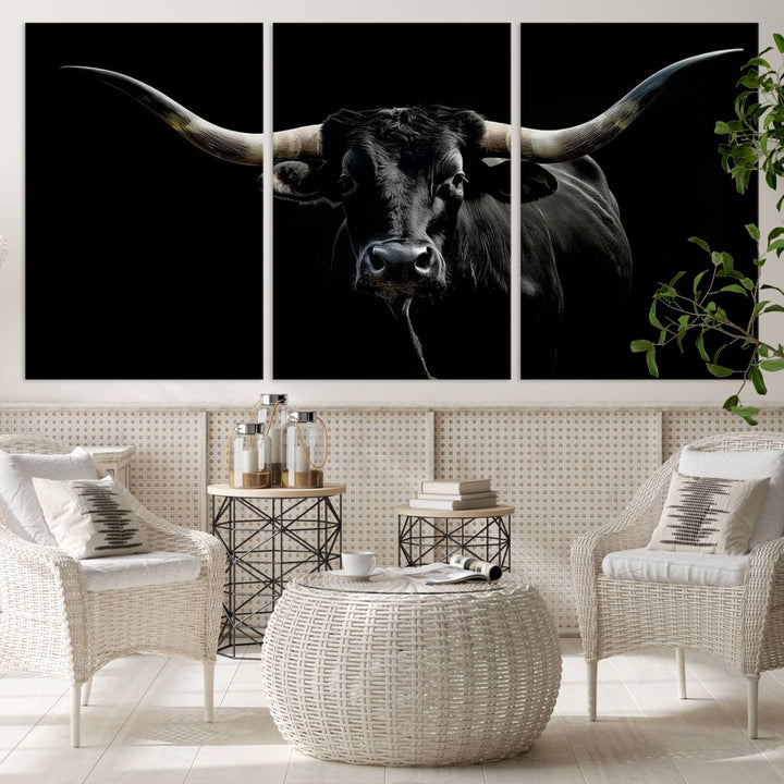 Texas Black Longhorn Bull Wall Art Canvas Print - Western Texas Cattle Rustic Decor Print - Longhorn Cow Wall Art