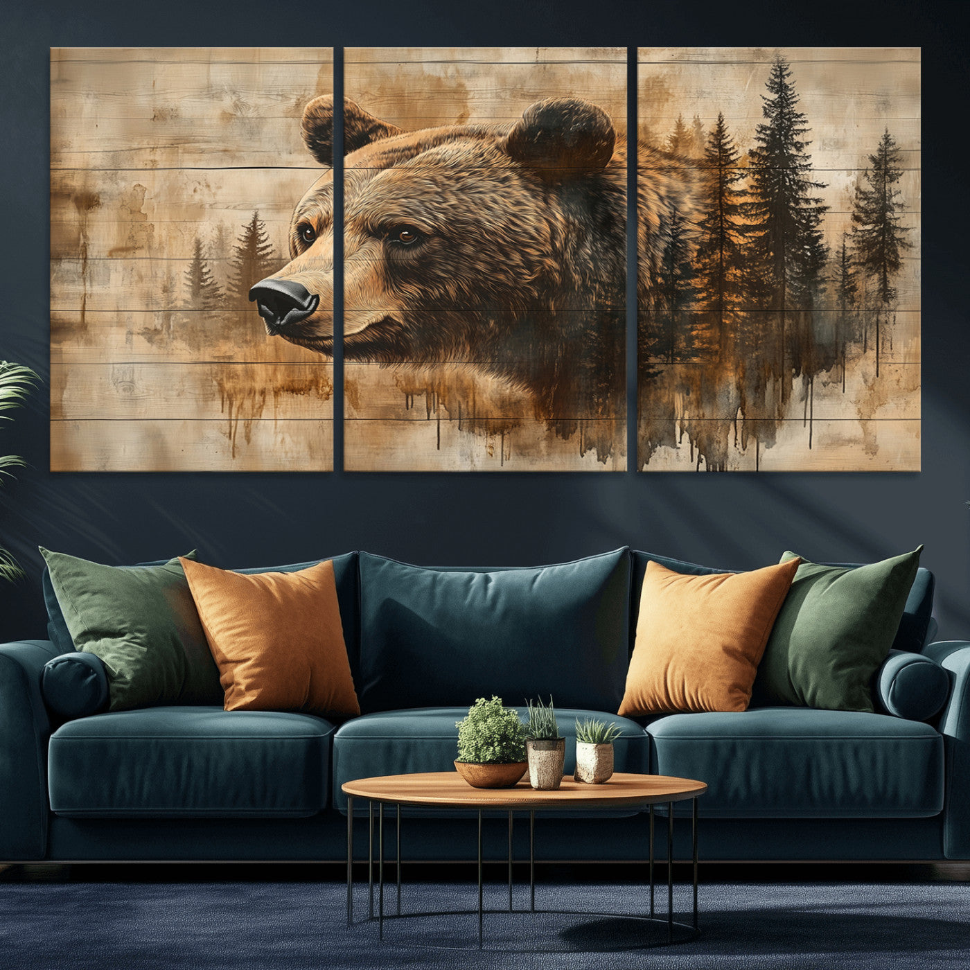 MGV-CV-60X30-3P - Rustic Grizzly Bear Wall Art, Abstract Grizzly 399 Bear Wall Art Canvas Print - Woodland Wildlife