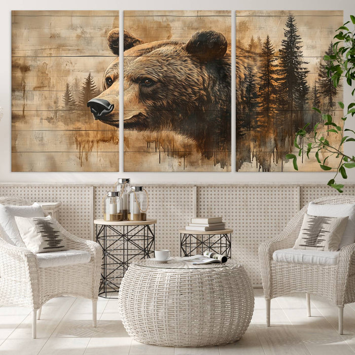 Abstract Rustic Grizzly Bear Wall Art Canvas Print - Woodland Wildlife Forest Print for Farmhouse Decor