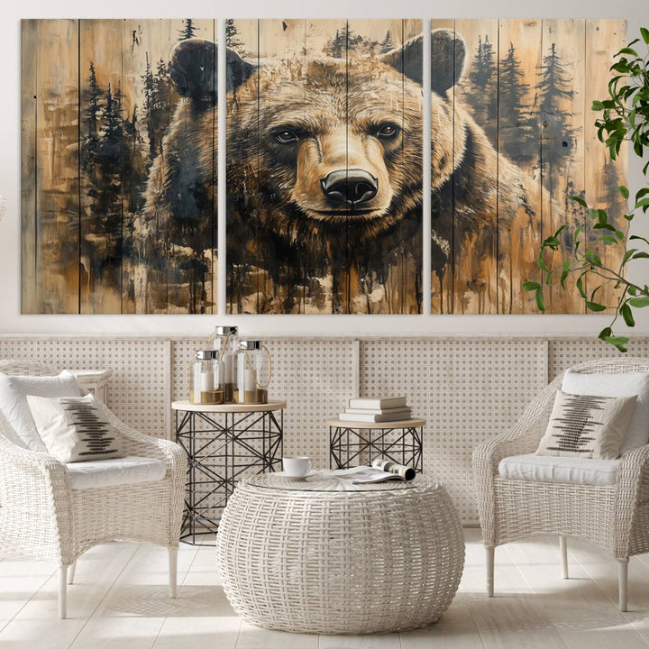 Rustic Bear Wall Art Canvas Print | Framed & Ready to Hang | Rustic Animal Artwork for Living Room, Office, Cabin, or Nature-Inspired Décor