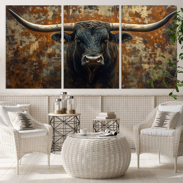 Abstract Longhorn Texas Bull Wall Art | Rustic Farmhouse Canvas Print | Ready to Hang Barn Decor for Farmhouse and Cabin Style