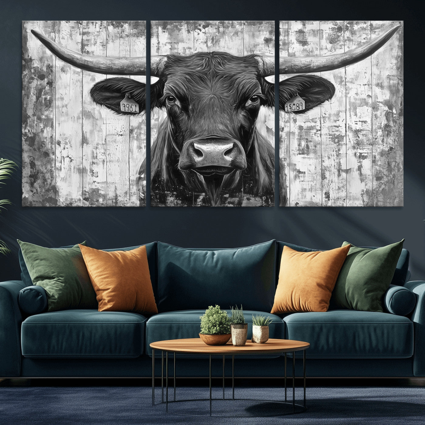 MGV-CV-60X30-3P - Abstract Longhorn Bull Wall Art Canvas Print - Rustic Texas Western Cow Artwork