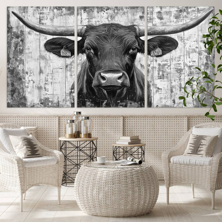 Abstract Longhorn Bull Wall Art Canvas Print - Rustic Texas Western Cow Artwork