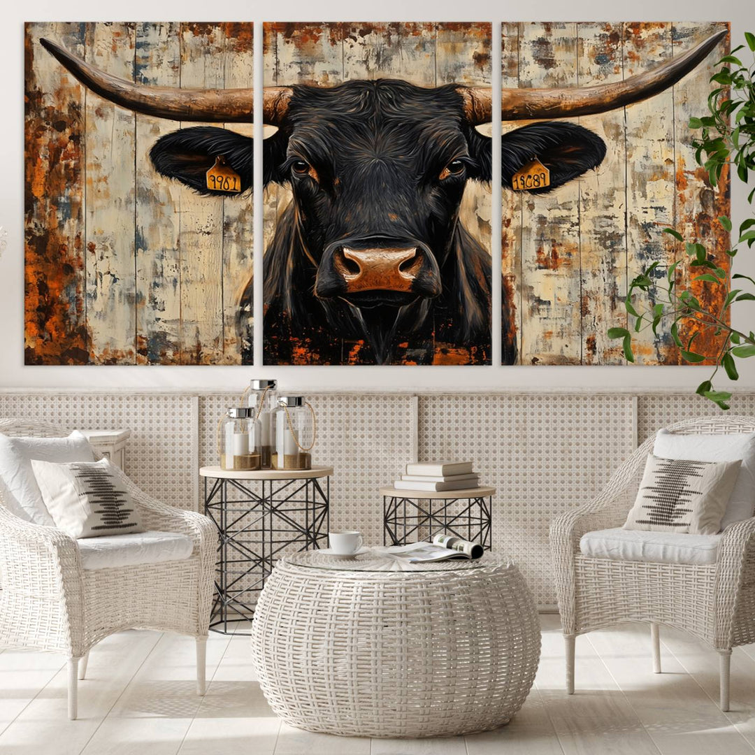 Abstract Cow Longhorn Bull Wall Art Canvas Print - Rustic Texas Western Cattle Artwork