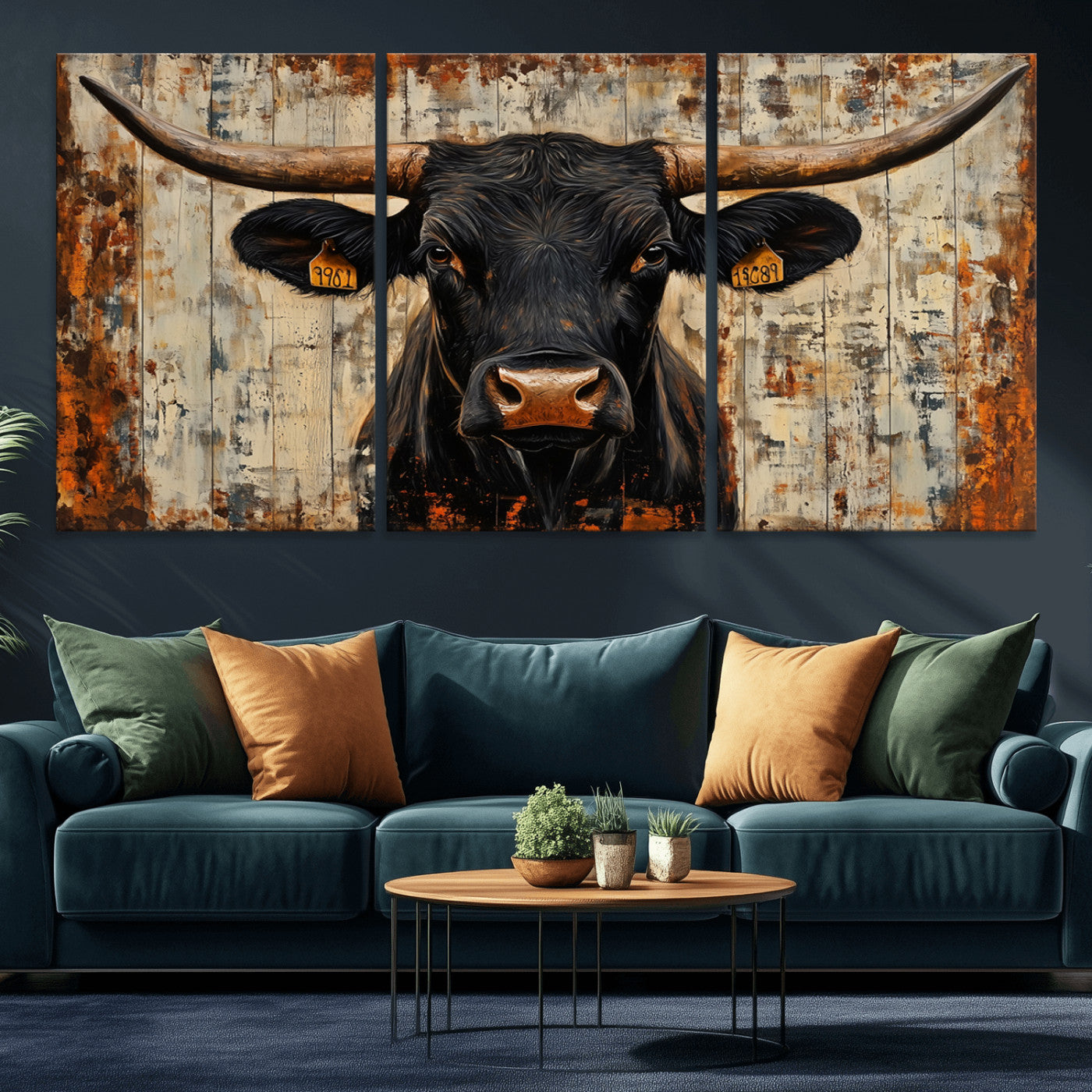 MGV-CV-60X30-3P - Rustic Texas Artwork Wall Art Canvas Print - Abstract Cow Longhorn Bull Wall Art Canvas Print