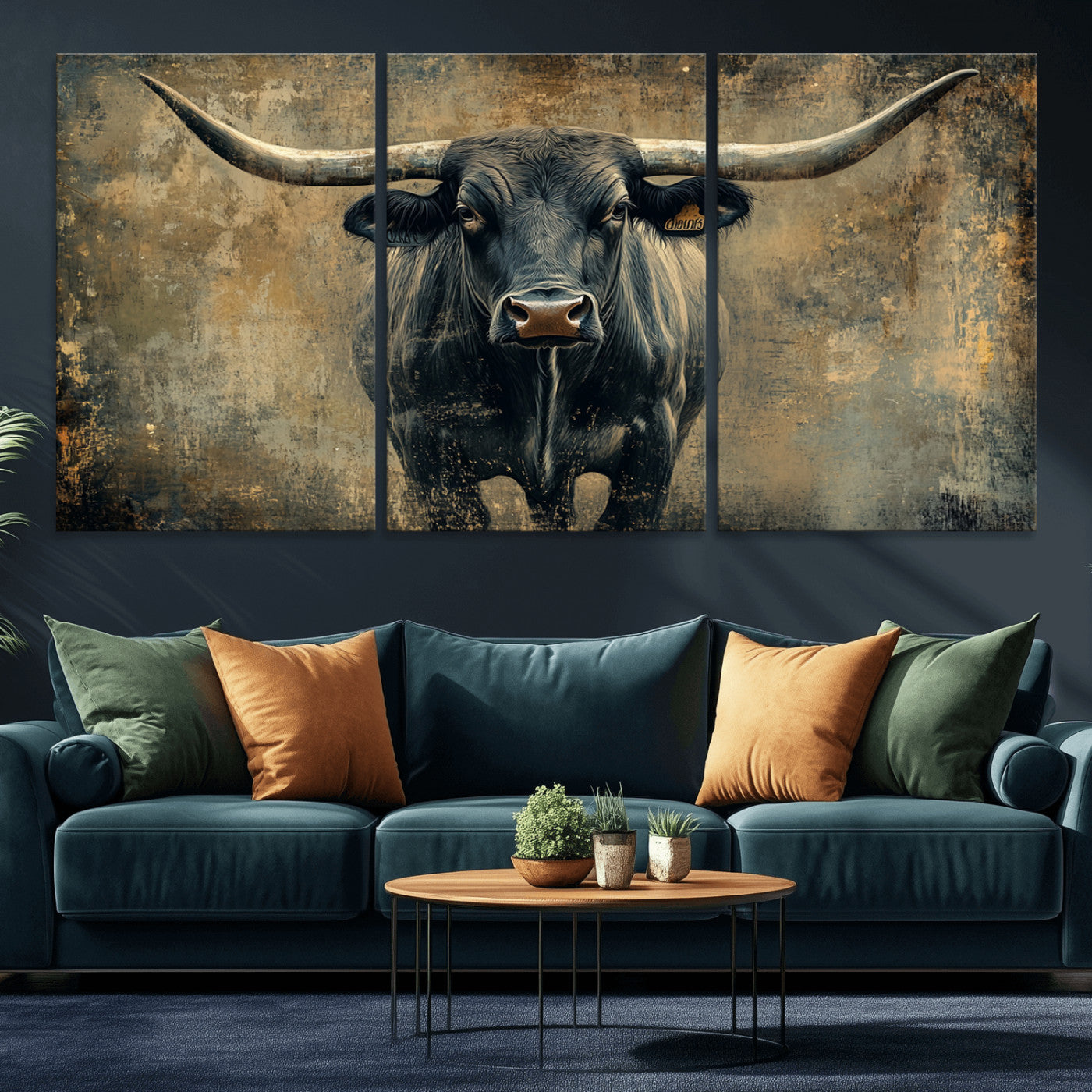MGV-CV-60X30-3P - Longhorn Bull Wall Art Canvas Print, Framed Rustic Cow Art Picture Print, Texas Longhorn Perfect Western Decor Artwork
