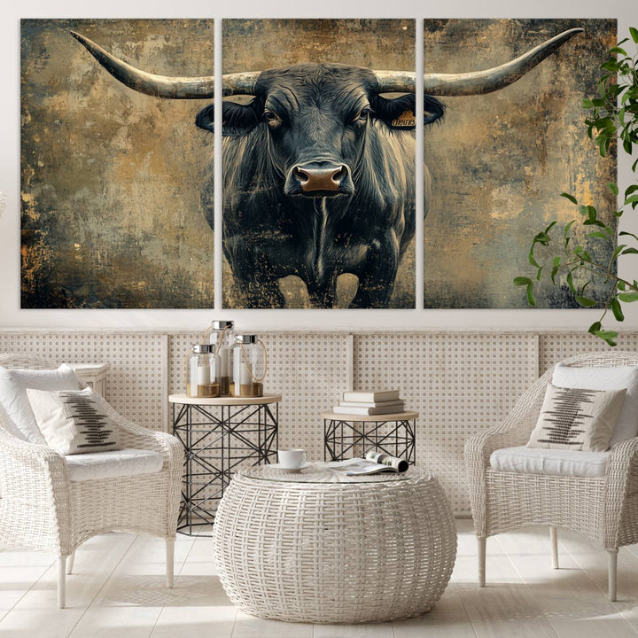 Abstract Cow Longhorn Bull Wall Art Canvas Print - Rustic Texas Western Cattle Artwork