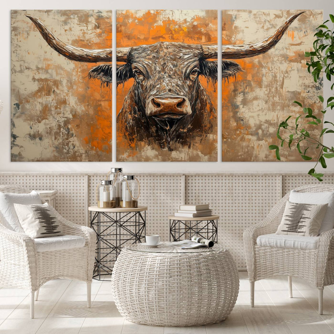 Abstract Cow Longhorn Bull Wall Art Canvas Print - Rustic Texas Western Cattle Artwork