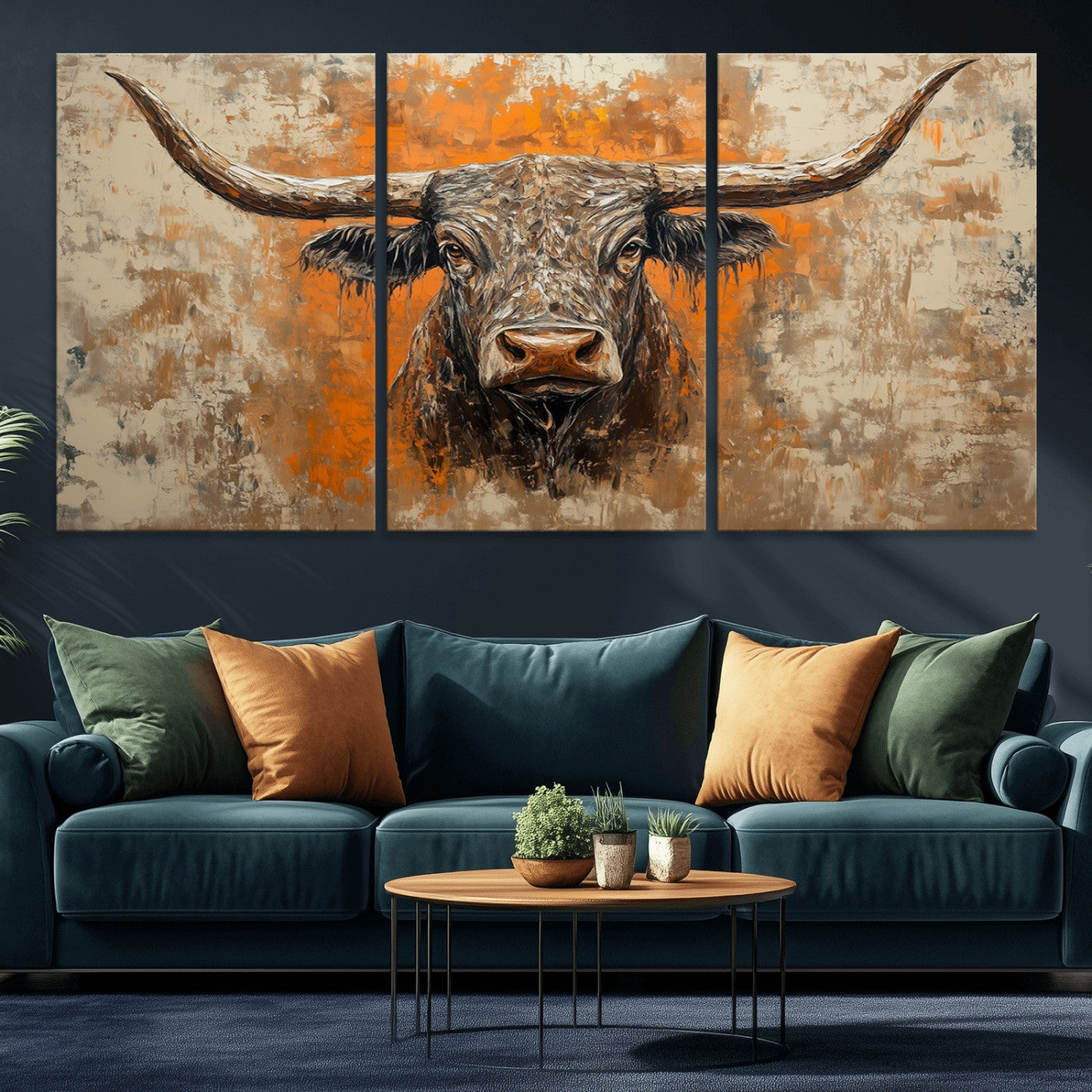 MGV-CV-60X30-3P - Abstract Cow Longhorn Bull Wall Art Canvas Print - Rustic Texas Western Cattle Artwork
