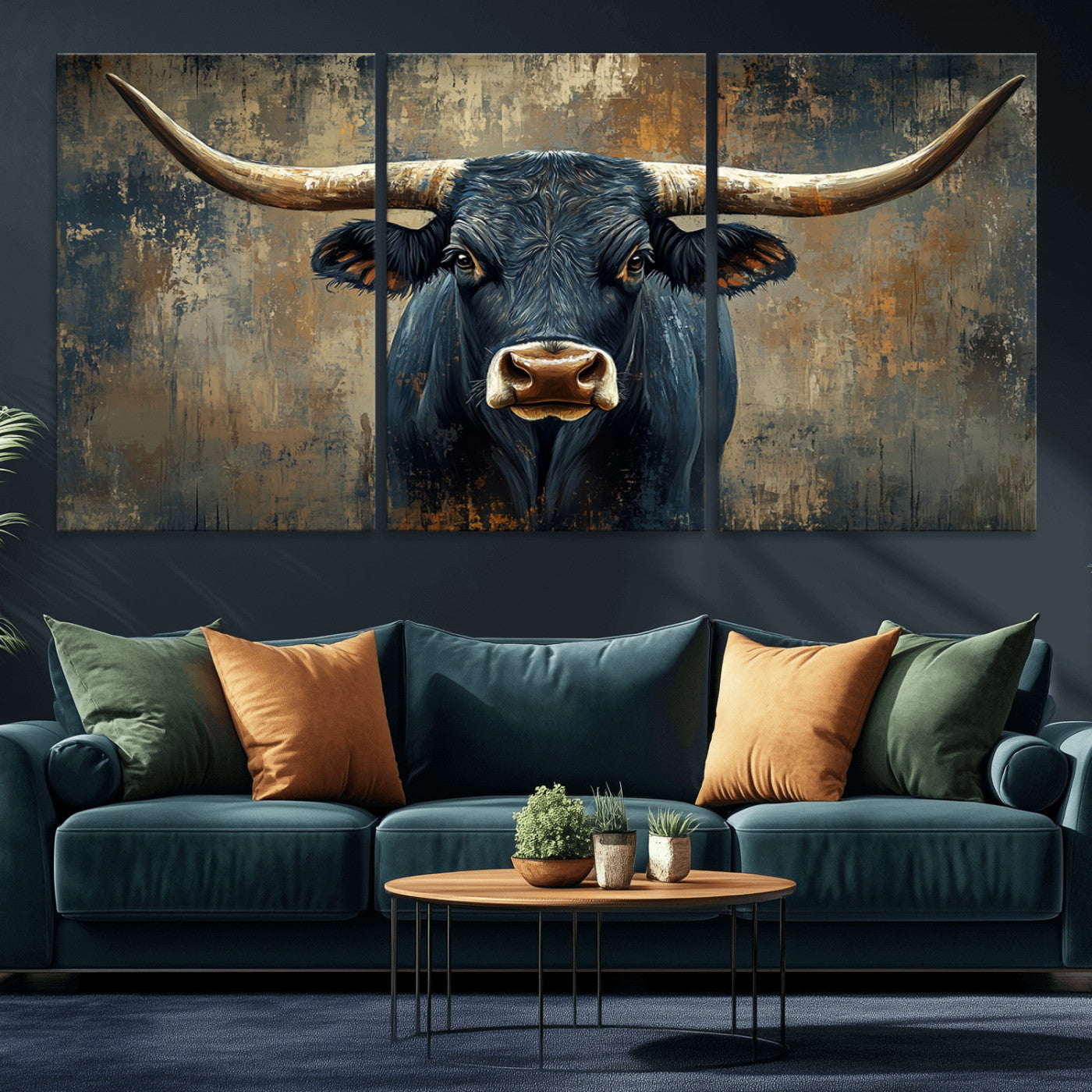 MGV-CV-60X30-3P - Texas Western Wall Art Canvas Print - Abstract Cow Longhorn Bull Wall Art Canvas Print - Rustic Cow