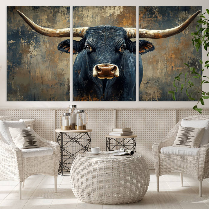 Abstract Cow Longhorn Bull Wall Art Canvas Print - Rustic Texas Western Cattle Artwork