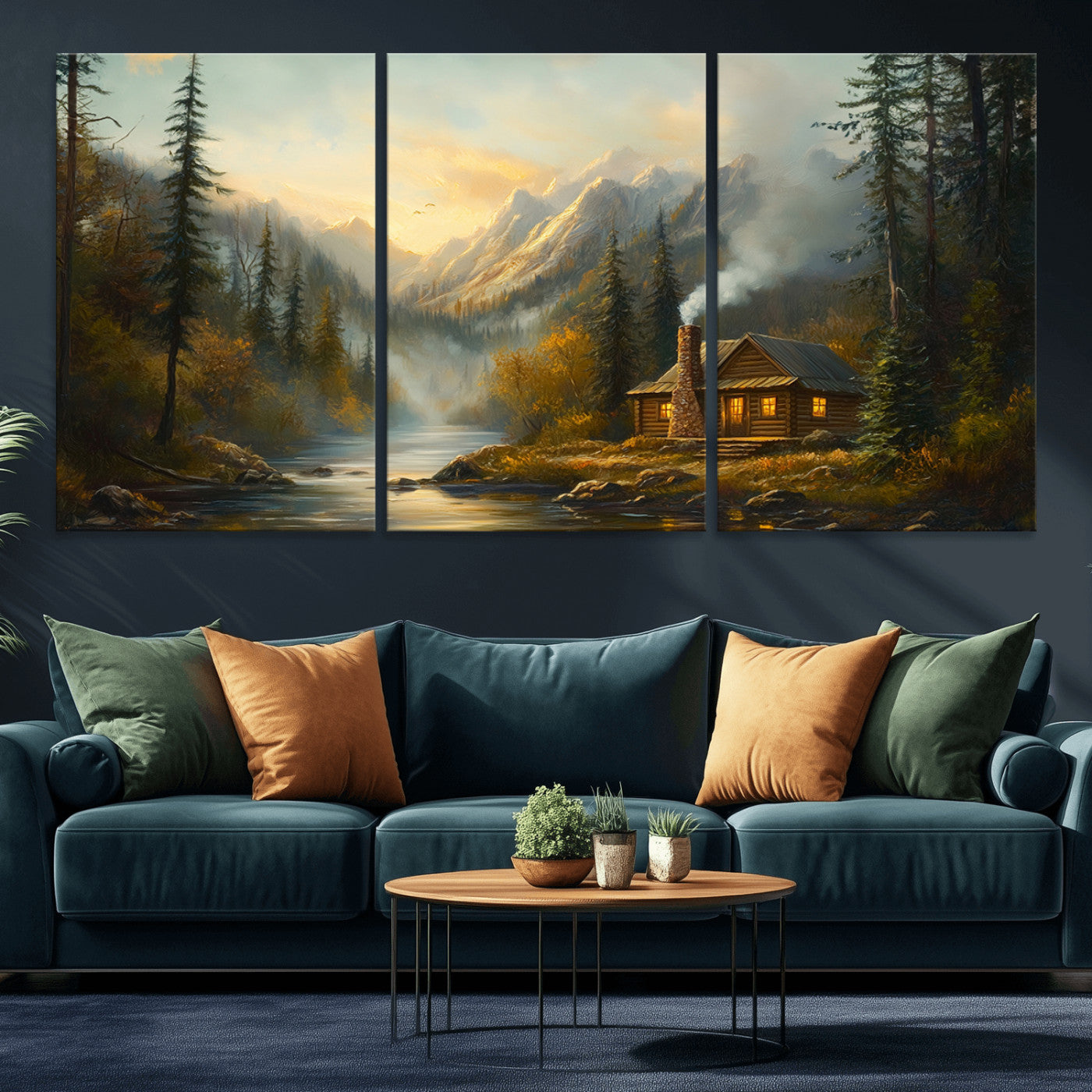 MGV-CV-60X30-3P - Wood Cabin Retreat Mountain at Sunset Wall Art Print - Serene Forest and River Landscape Wall Art