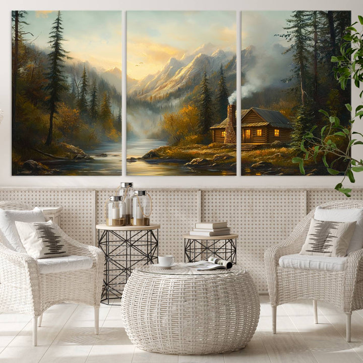 Wood Cabin Retreat Mountain at Sunset Wall Art Print - Serene Forest and River Landscape Wall Art Canvas Print