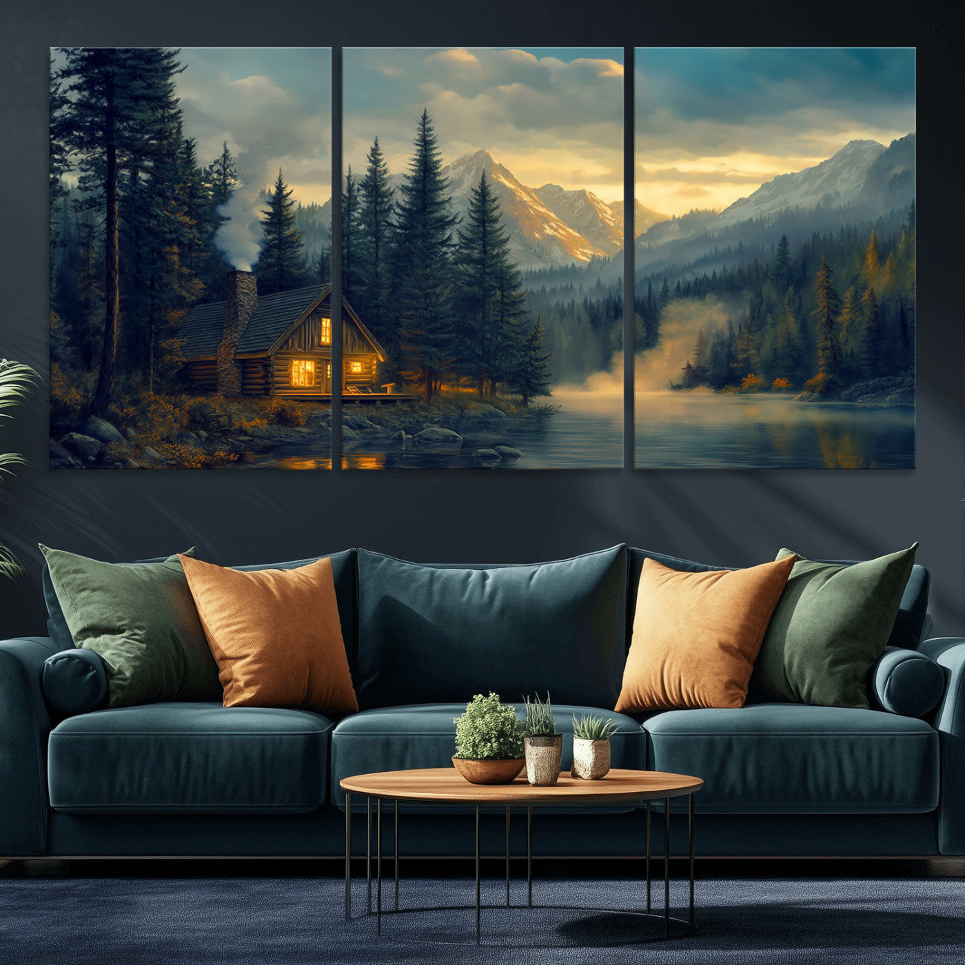 MGV-CV-60X30-3P - Mountain Cabin by the Lake at Sunset Wall Art - Serene Nature Canvas Print for Living Room Decor,
