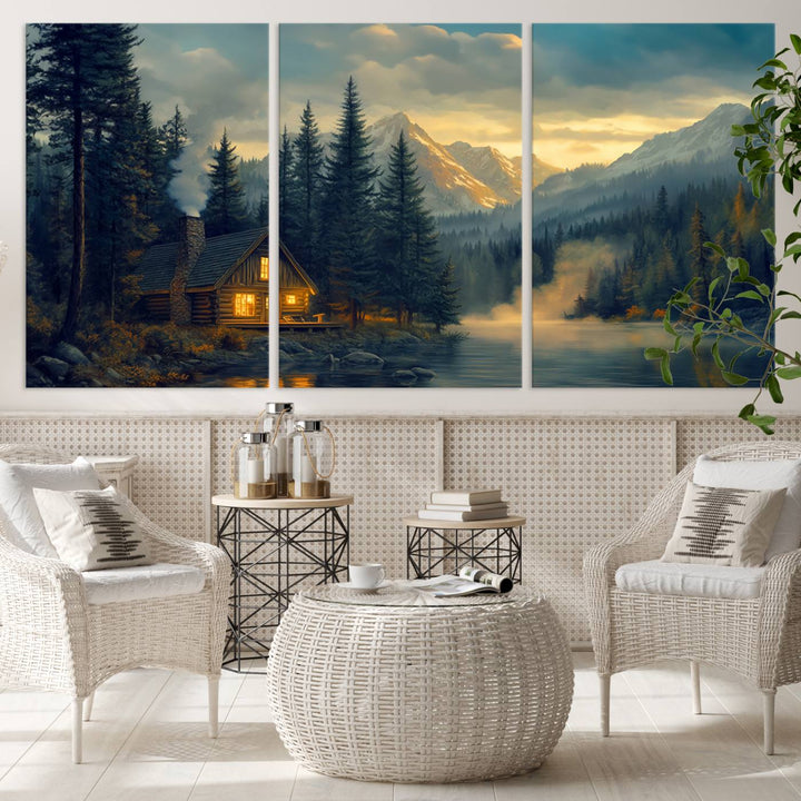 Mountain Cabin by the Lake at Sunset Wall Art - Serene Nature Canvas Print for Living Room Decor, Rustic Lodge Ambiance, 3-Panel Large Wall Art