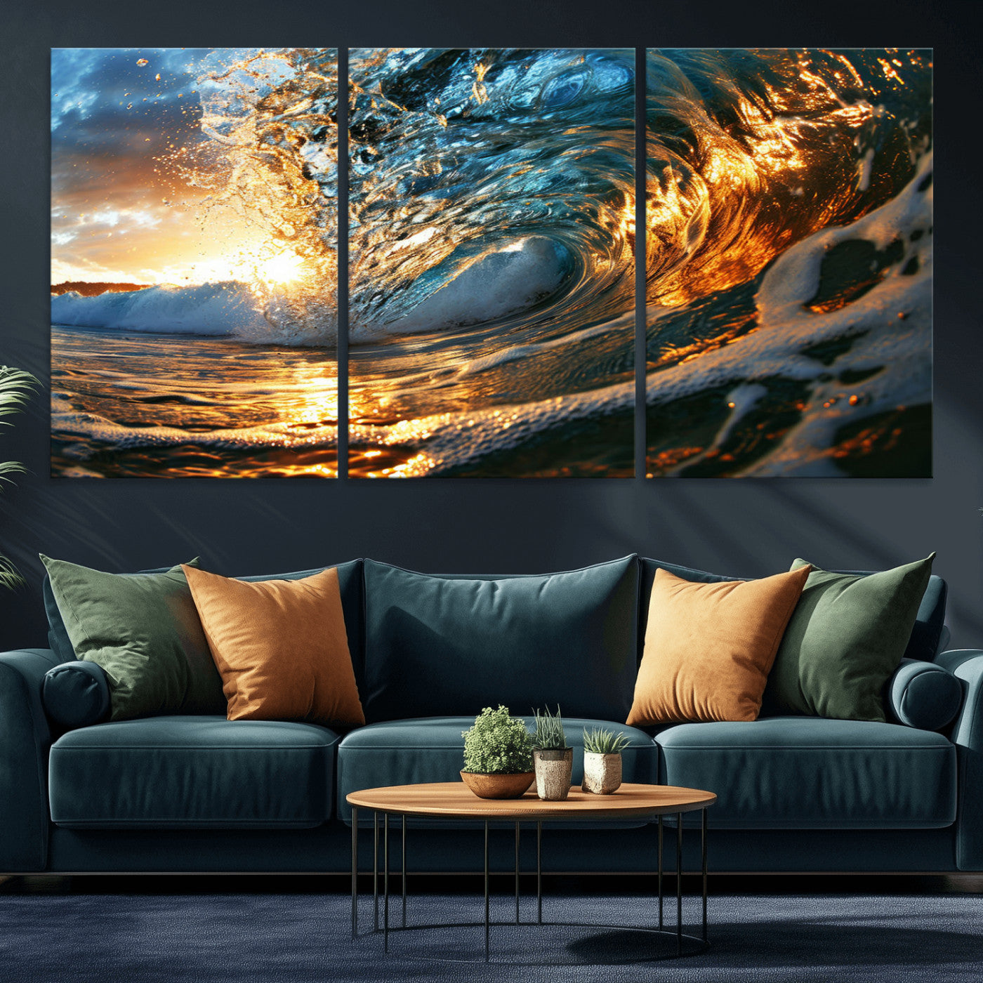 MGV-CV-60X30-3P - Ocean Wave at Sunset Canvas Wall Art – Vibrant Coastal Beach Waves Print, Large Nautical Decor,