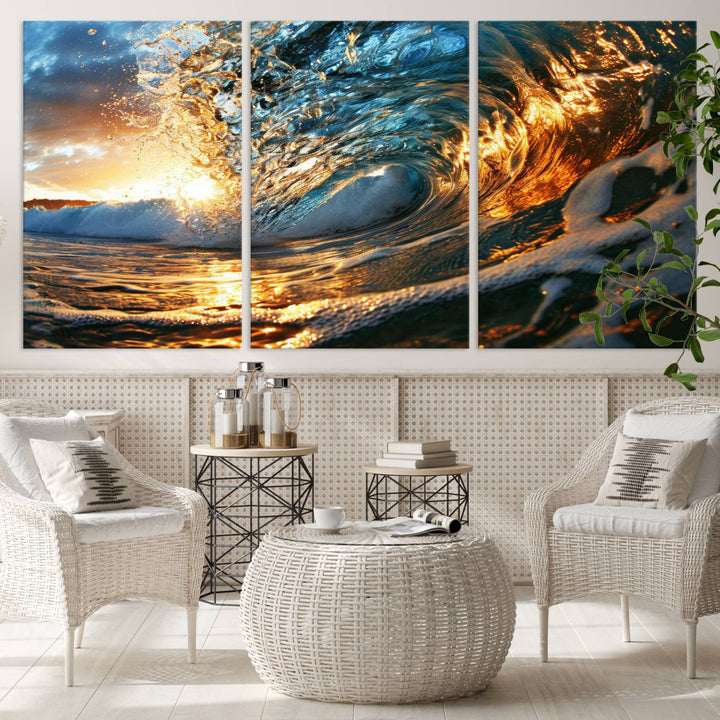 Ocean Wave at Sunset Wall Art | Ready to Hang Triptych Canvas Print | Coastal Wall Art for Living Room | Nautical and Beach House Decor