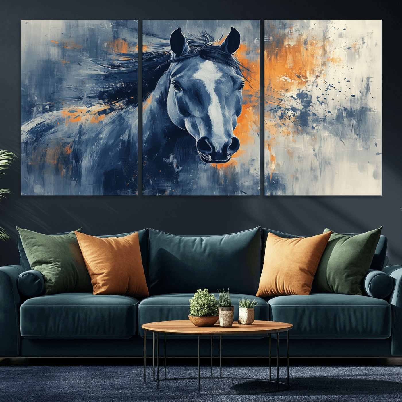 MGV-CV-60X30-3P - Abstract Blue Horse Wall Art Print Canvas | Horse Wall Art Print | Western Decor for Farmhouse |