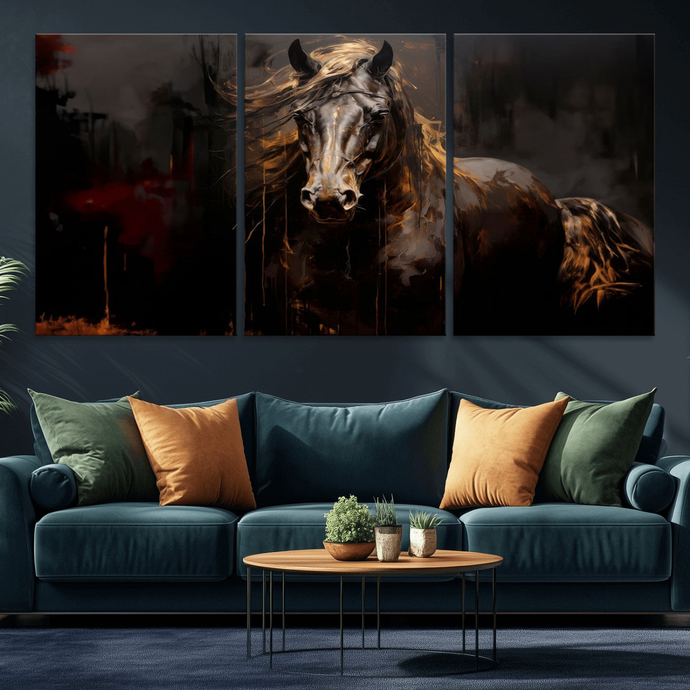 MGV-CV-60X30-3P - Abstract Black Horse Canvas Print for Farmhouse Wall Art | Abstract Equine Wall Art | Western Decor