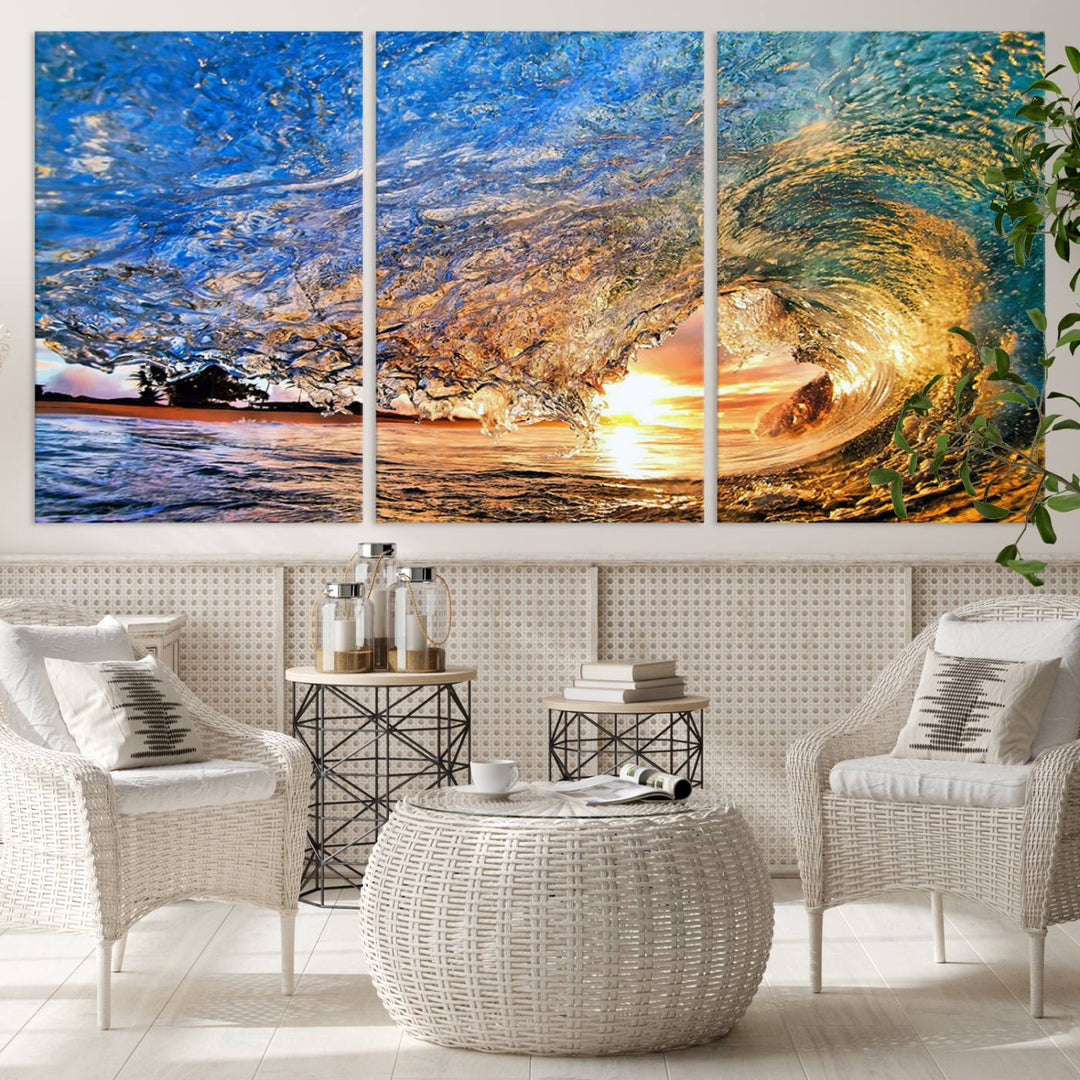 Ocean Wave at Sunset Canvas Print | Large Coastal Ocean Wall Art Print | Vibrant Beach Waves Art Print | Surf Lover Gift | Nautical Decor