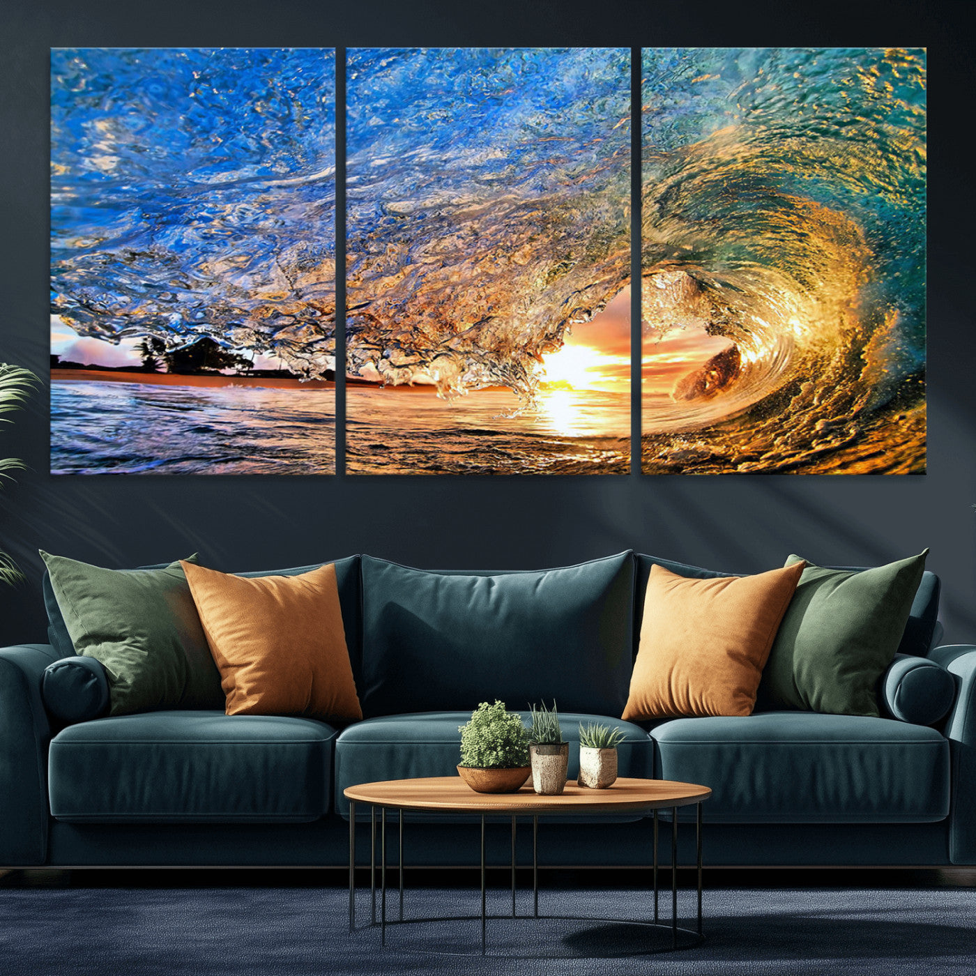 MGV-CV-60X30-3P - Ocean Wave at Sunset Canvas Wall Art – Vibrant Coastal Beach Waves Print, Large Nautical Decor,