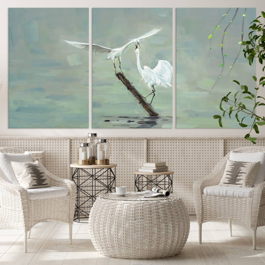 Elegant White Herons on Calm Waters | Coastal Wall Art for Nature-Inspired Decor | Serene Triptych Canvas Print | Ready to Hang Bird-Themed Art for Home Decor