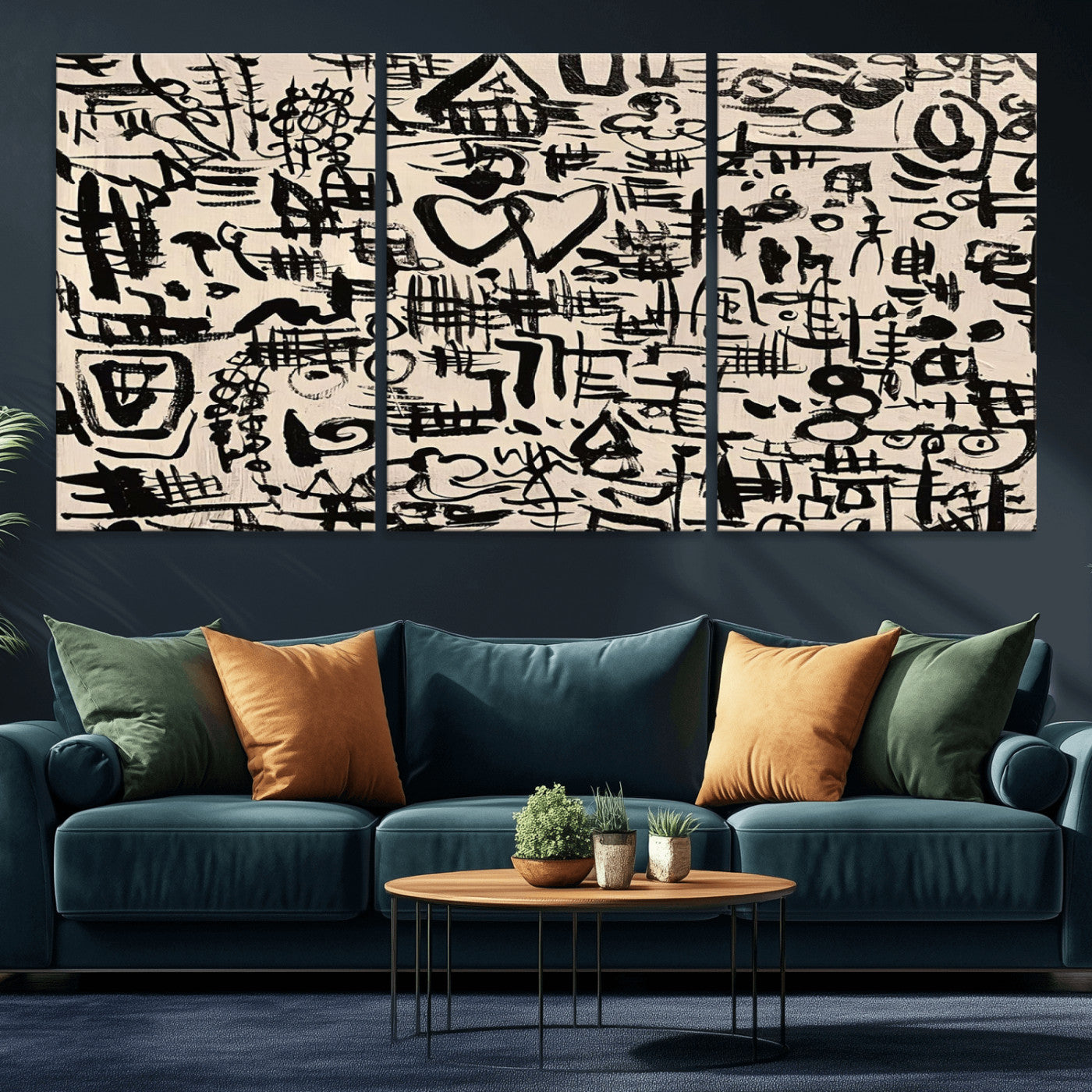 68273-MGV-CV-60X30-3P - Abstract Love and Chaos Canvas Print, Black Symbols on Beige