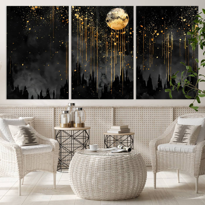 Gold Moon and Black Skyline Abstract Wall Art | Dark Modern Canvas Print with Dripping Gold Accents | Triptych Contemporary Homes