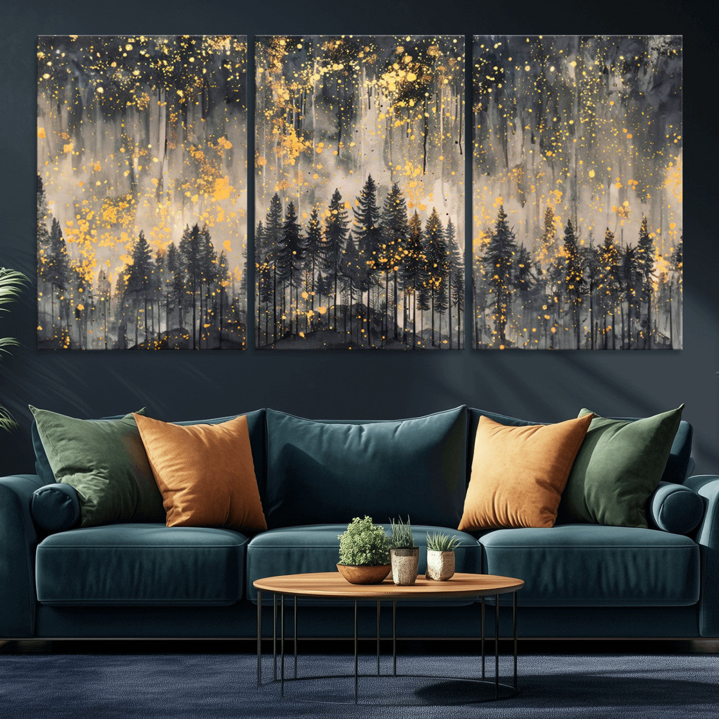 MGV-CV-60X30-3P - Golden Forest Abstract Wall Art | Dark Forest with Gold Splatter Accents | Triptych Ready to Hang