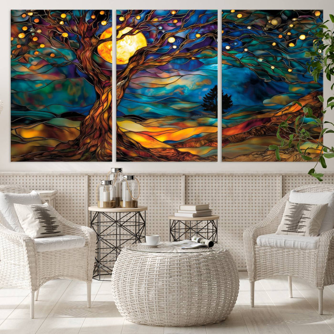 Yggdrasil Tree of Life Canvas Print - Vibrant Moonlit Tree Wall Art,  Tree of Life wall art, Nature-Inspired Stained Glass Effect