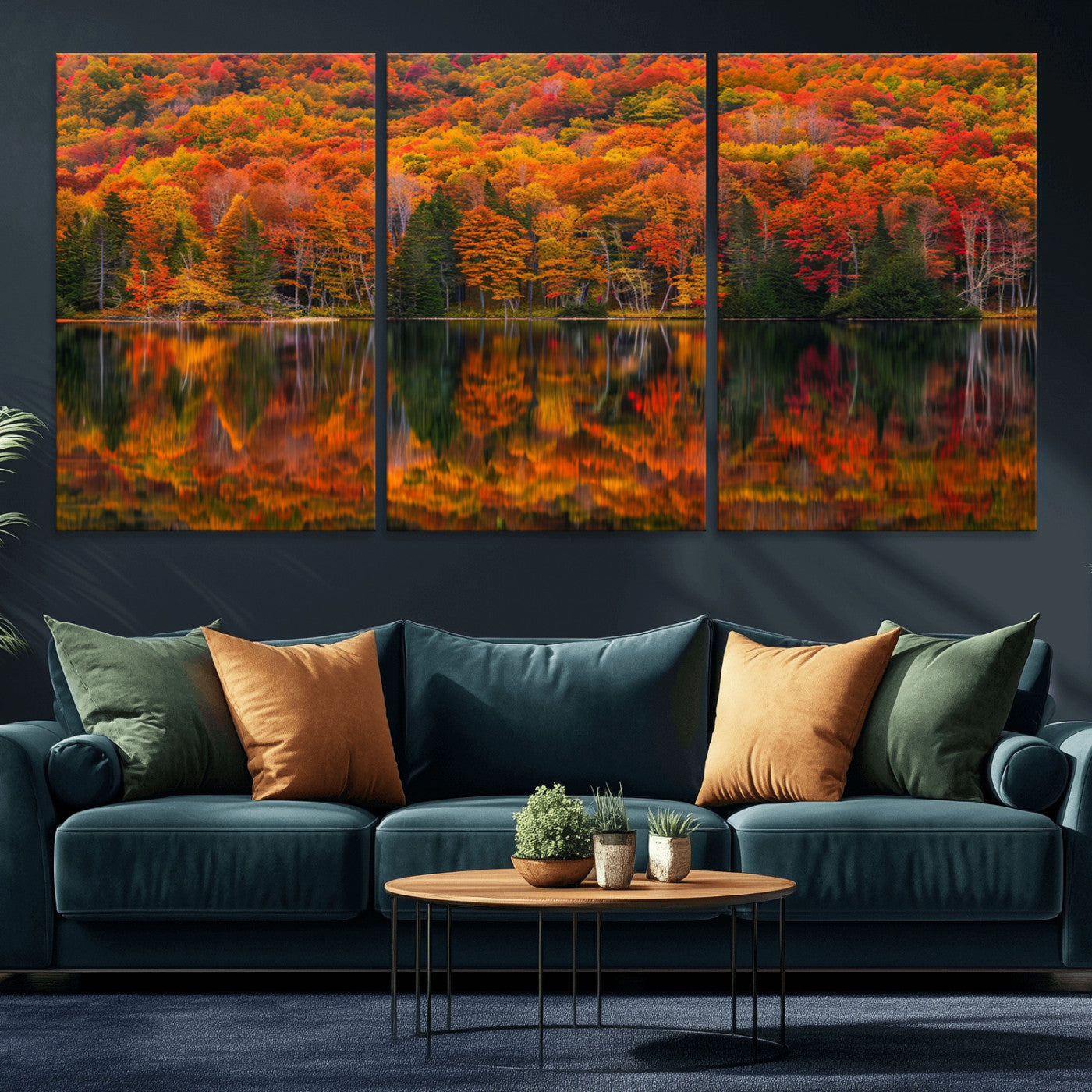 MGV-CV-60X30-3P - Fall Foliage Wall Art - Autumn Reflection Canvas Print, Stunning Fall Foliage Wall Art, Serene Lake