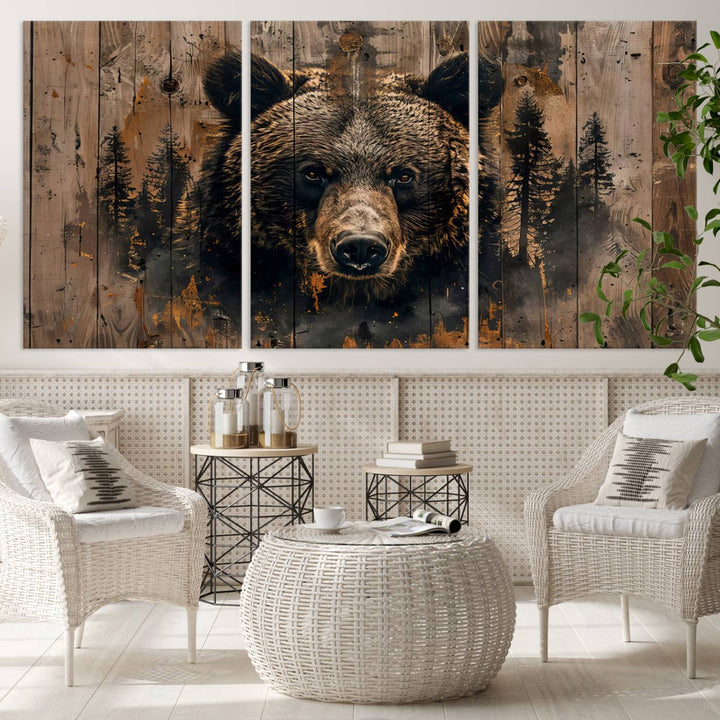 Rustic Bear Wall Art | Triptych Canvas Print | Rustic Cabin Wall Decor | Forest-Inspired Animal Art | Perfect for Farmhouse or Woodland Print