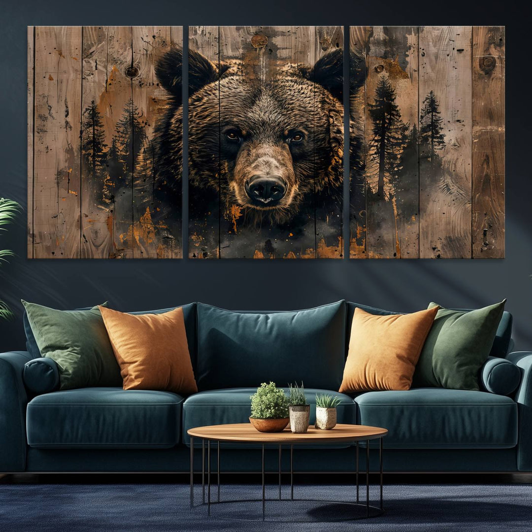 Rustic Grizzly 399 Wall Art is showcased against wood panels with forest silhouettes.