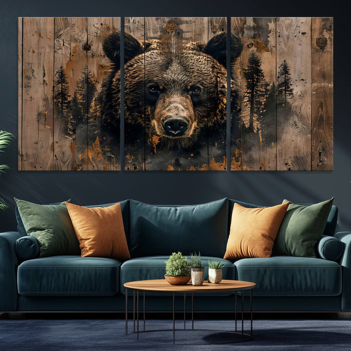 Rustic Grizzly 399 Wall Art is showcased against wood panels with forest silhouettes.