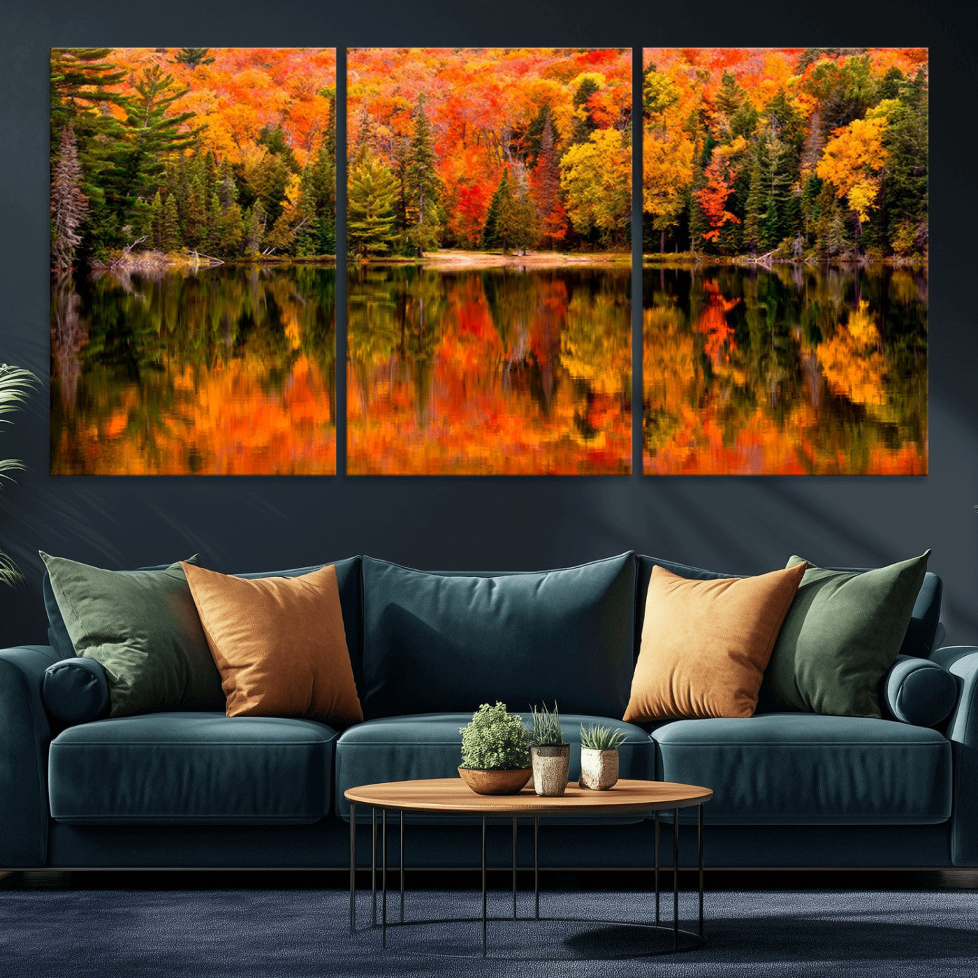 MGV-CV-60X30-3P - Forest Reflection Art | Autumn Forest Reflection Wall Art | Triptych Canvas Print | Vibrant Fall