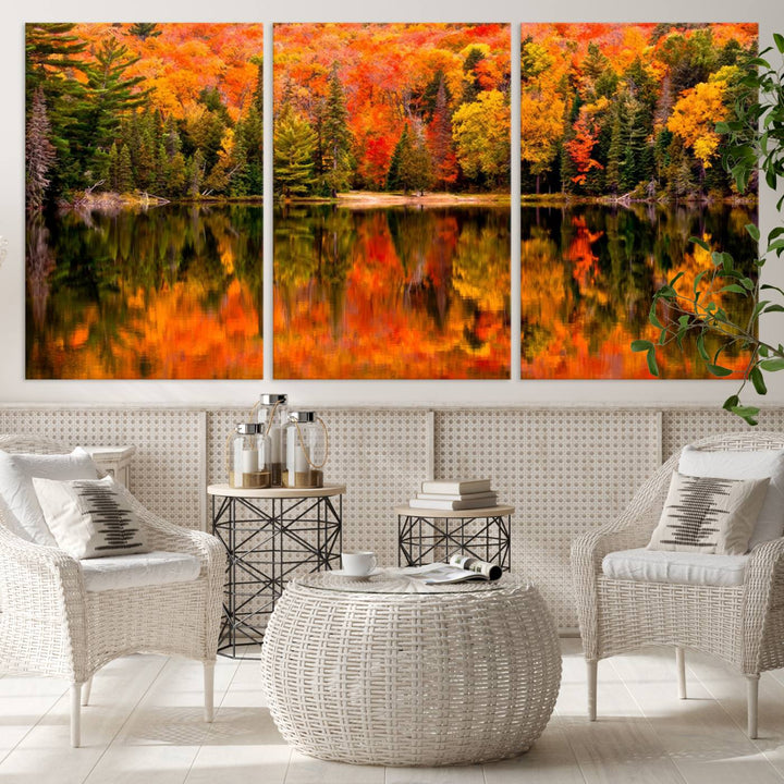 Autumn Forest Reflection Wall Art | Triptych Canvas Print | Vibrant Fall Foliage Wall Decor | Nature-Inspired Cabin Wall Art for Living Room